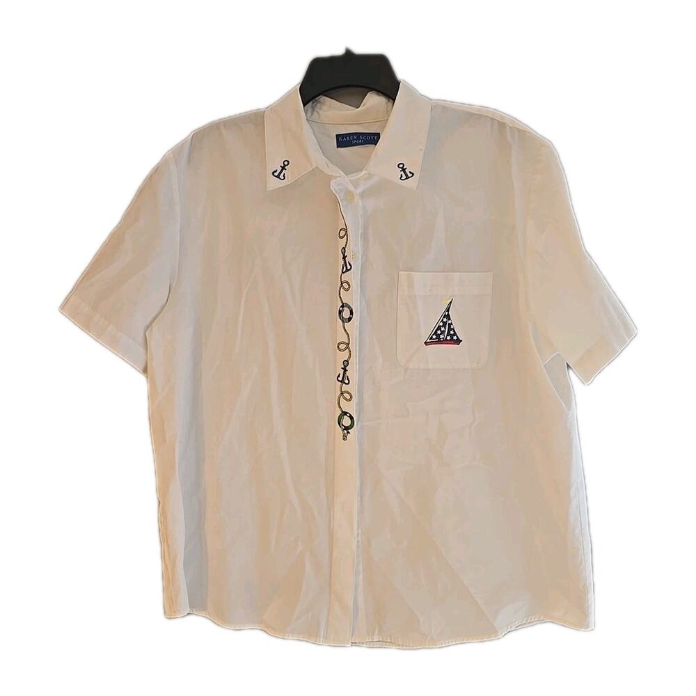 Karen Scott White Sailor Nautical Short Sleeve Button Down Shirt Womans Size XL